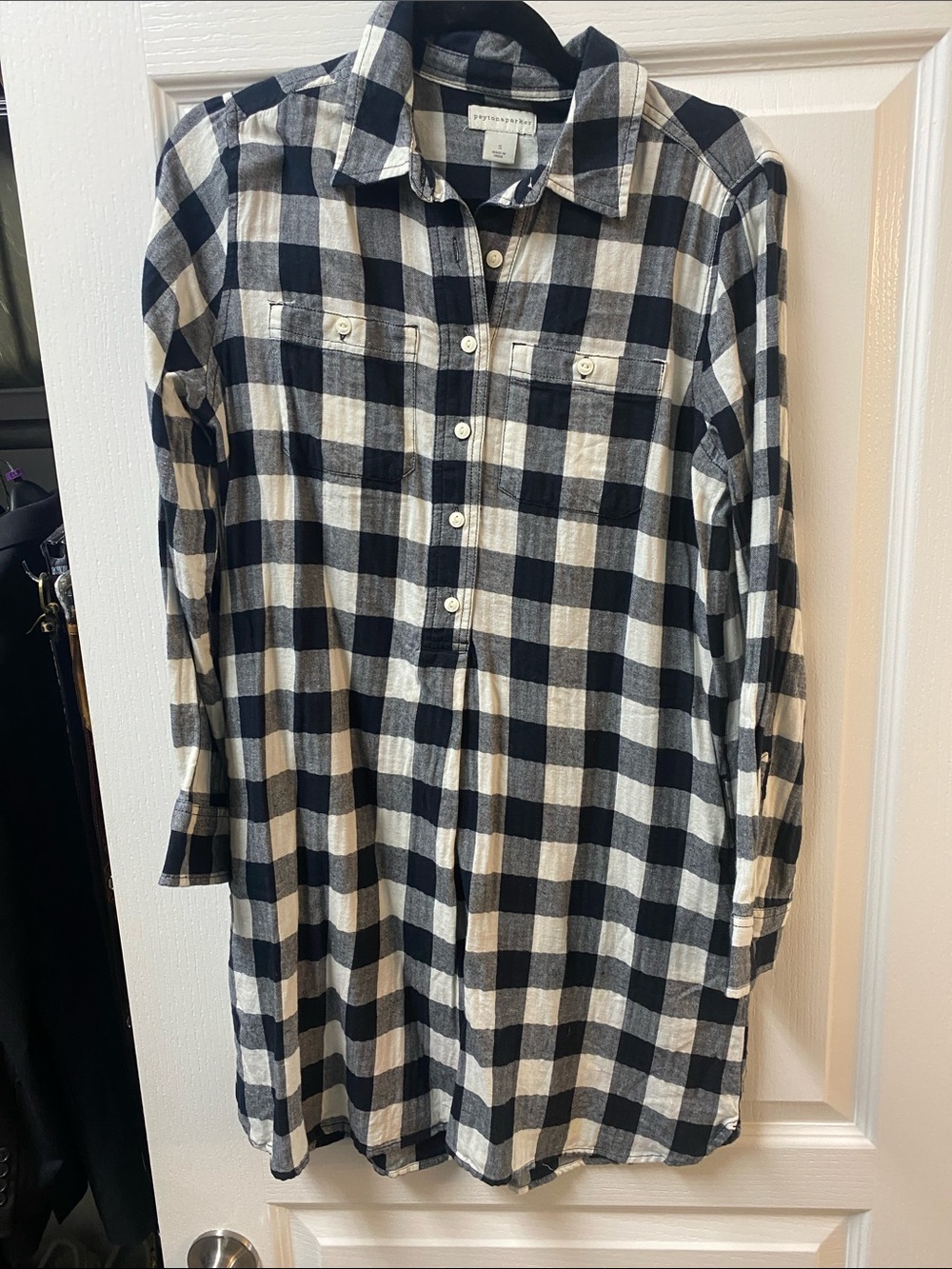Button-Front Black and White Plaid Shirt Dress